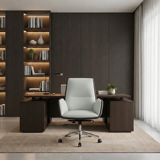 Modern Minimalist Ergonomic Leather Plywood Metal Office Chair Adjustable Swivel Desk Chair With Wheels - Mid-Back Comfortable Task Chair For Home Office