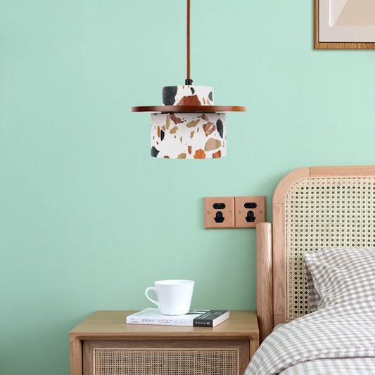 Modern Art Deco Cylinder Water Cave Stone Solid Wood 1-Light Pendant Light For Bedroom